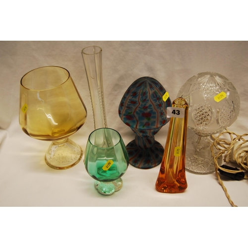 43 - 2 RETRO COLOURED GLASS BALLOON VASES, CUT GLASS TABLE LAMP, MUSHROOM LAMP BASE AND PAINTED GLASS BUD... 