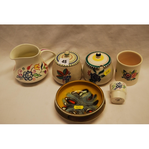 45 - 2 POOLE POTTERY PRESERVE POTS, JUG, POT, EGG CUP AND BOWL