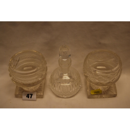 47 - PAIR OF CUT GLASS TABLE URNS & OIL BOTTLE