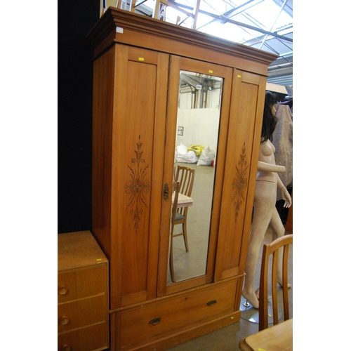 531 - ART NOUVEAU SATIN WALNUT WARDROBE WITH MIRROR PANEL DOOR, DRAWER UNDER