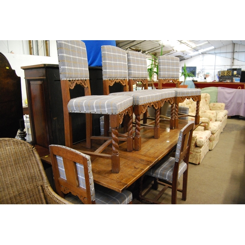 535 - ELIZABETHAN STYLE OAK REFECTORY DRAW LEAF DINING TABLE WITH CARVED FRIEZE ON BULBOUS CARVED SUPPORTS... 