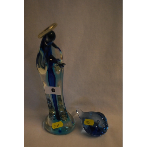 8 - STYALISED BLUE & CLEAR GLASS MADONNA & CHILD & ROBIN