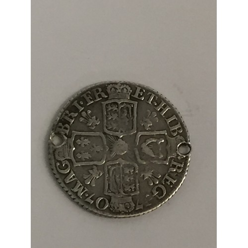 376 - 1707 QUEEN ANNE SILVER SIXPENCE WITH WELSH PLUMES (DRILLED FOR PENDANT)