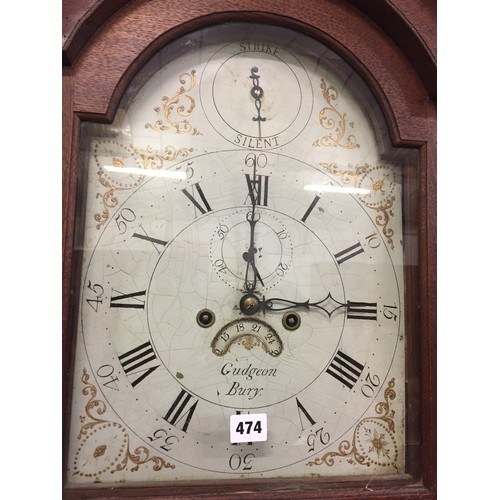 474 - 18TH CENTURY GRANDFATHER CLOCK WITH PAINTED ARCH DIAL, IN OAK CASE BY GUDGEON, BURY, 8 DAY (2 WEIGHT... 