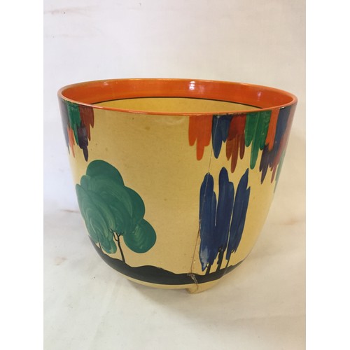 1 - CLARICE CLIFF BIZARRE LATONA TREE PATTERN JARDINIERE (LARGE CRACK FROM RIM TO CENTRE OF BASE) (22CM ... 