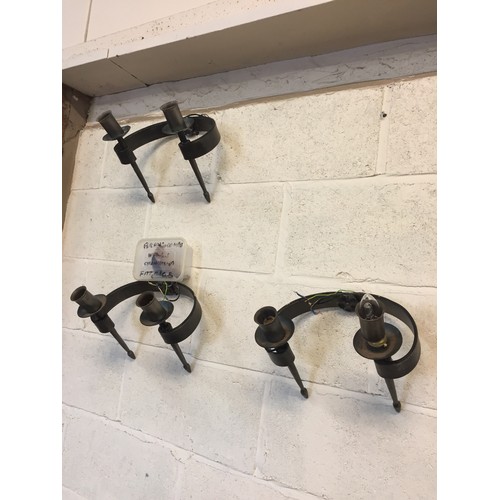 279 - BRANSCOMBE FORGE IRON CHANDELIER & 3 DOUBLE WALL LIGHTS