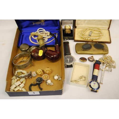 1 - QUANTITY OF JEWELLERY INCLUDING SILVER BANGLE, NECKLACES, PIPES, WATCHES, ETC