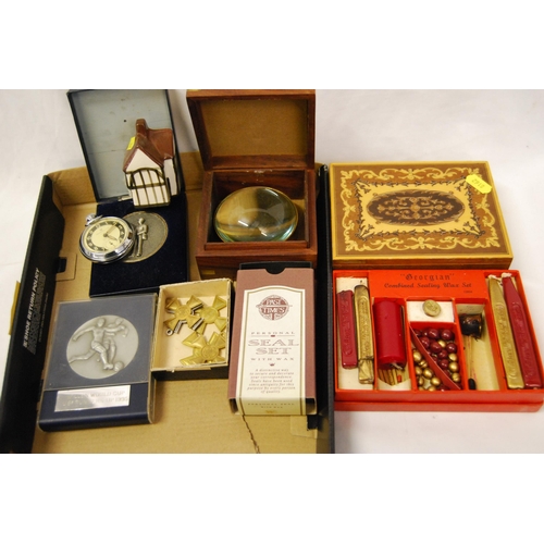 13 - QUANTITY OF MISCELLANEOUS ITEMS INCLUDING SEALING SETS, BRASS MAGNIFYING LENS, POCKET WATCH, ETC