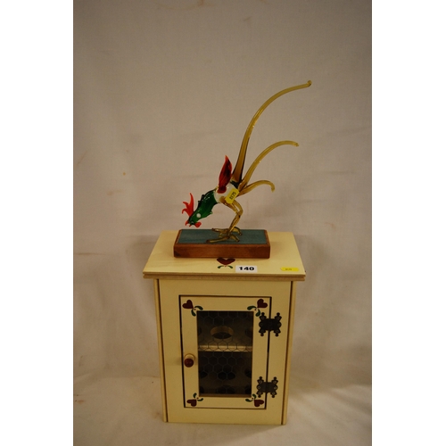 140 - PAINTED EGG CUPBOARD & GLASS BIRD