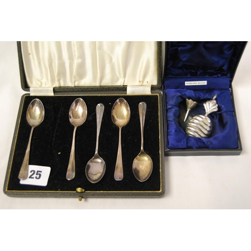 25 - 5 SILVER TEASPOONS IN CASE, BIRMINGHAM 1937, SILVER PERFUME BOTTLE WITH FUNNEL