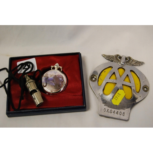 27 - A.A. CAR BADGE, THE ACME WHISTLE AND MODERN POCKET WATCH WITH PICTURE CASE OF STEAM TRAIN