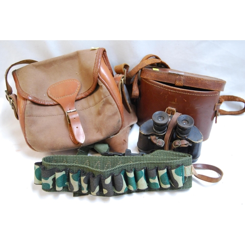 29 - PAIR OF MILITARY BINOCULARS IN WRAY CASE, CARTRIDGE BELT AND LEATHER/CANVAS CARTRIDGE CASE