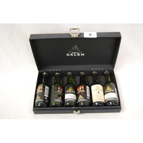 8 - SIX MINIATURE BOTTLES OF CALEM PORTO IN PRESENTATION BOX