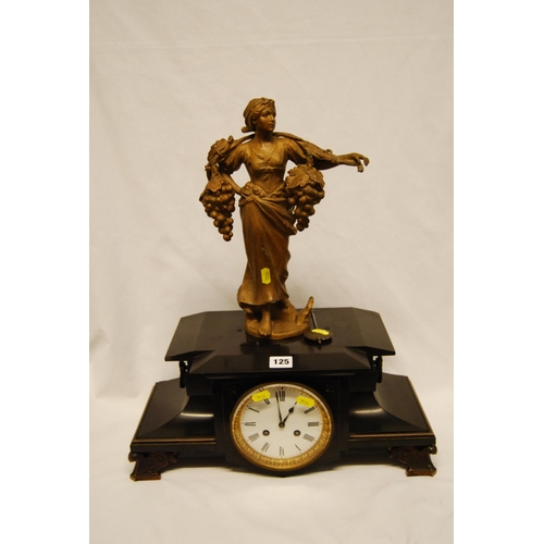 125 - VICTORIAN BLACK SLATE MANTLE CLOCK SURMOUNTED WITH GILT SPELTER FIGURE OF LADY CARRYING GRAPE VINES