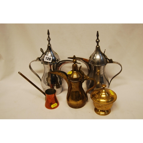 128 - 3 TURKISH BRASS & METAL COFFEE POTS, COPPER LADLE & BRASS POT