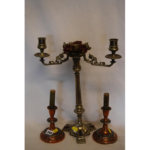 244 - PAIR OF SHEFFIELD PLATED CANDLESTICKS & SILVER PLATED CANDELABRA