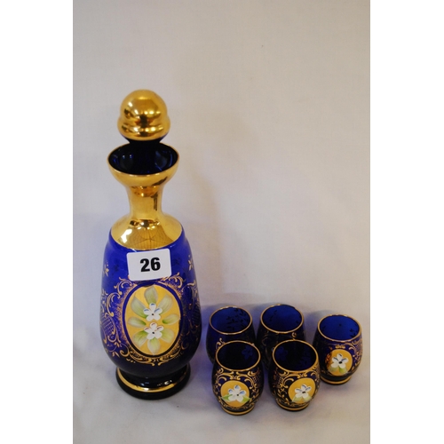 26 - VENETIAN STYLE BRISTOL BLUE & GOLD LIQUEUR DECANTER & 5 GLASSES