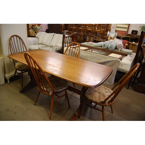 416 - ERCOL GOLDEN DAWN DINING TABLE & 4 SPINDLE BACK DINING CHAIRS