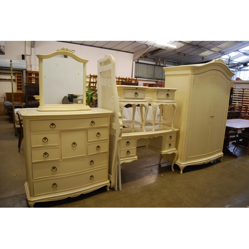 417 - WILLIS AND GAMBIER IVORY BEDROOM SUITE WITH RATTAN FEATURES COMPRISING DOUBLE WARDROBE, DRESSING TAB... 