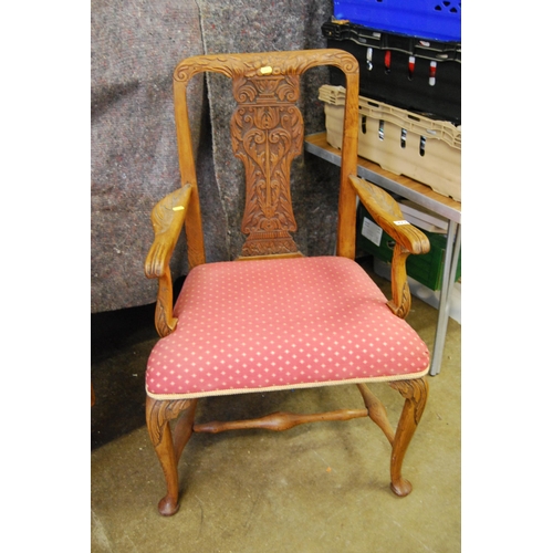 421 - 19TH CENTURY CARVED OAK OPEN ARM ARMCHAIR WITH UPHOLSTERED SEAT ON CARVED ACANTHUS CABRIOLE LEGS