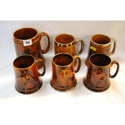 54 - 3 SYLVAC BROWN CHINA TANKARDS EMBOSSED HORSE & HOUNDS, 3 LORD NELSON TANKARDS