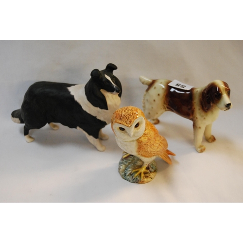 55 - SMALL BESWICK BARN OWL, GERMAN SPANIEL AND BLACK & WHITE COLLIE