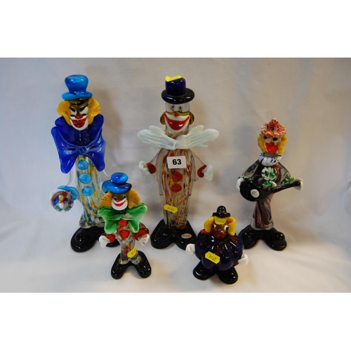 63 - 5 VARIOUS MURANO COLOURED GLASS CLOWNS