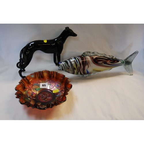 65 - MURANO MARBLED GLASS FISH, MURANO GLASS CLOWN (A/F), CARNIVAL BOWL & BLACK CHINA GREYHOUND (LEG REPA... 