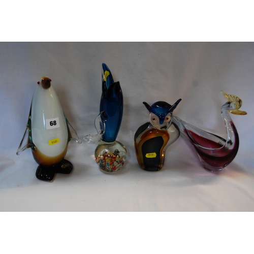 68 - SHUDEHILL COLOURED GLASS OWL, MILIAN CUT GLASS PENGUIN, COLOURED GLASS SWAN AND DOLPHIN