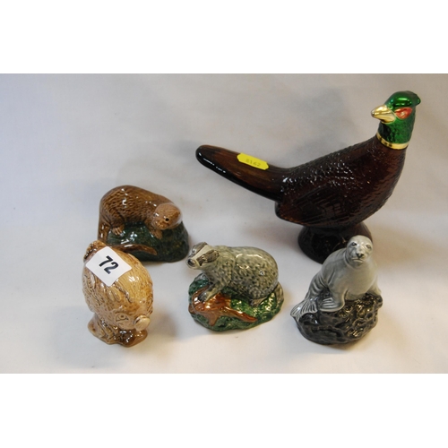 72 - 4 WHYTE & MACKAY BESWICK MINIATURE ANIMAL WHISKY BOTTLES AND AVON PHEASANT BOTTLE