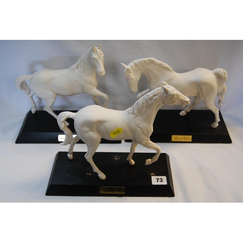 73 - 3 ROYAL DOULTON WHITE BONE CHINA HORSES (1 LOOSE FROM BASE)