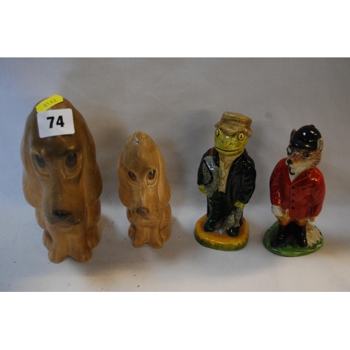 74 - ACORN BONE CHINA FOXY GENT, ACORN BONE CHINA FISHING FROG MAN AND 2 SYLVAC SAD EYED DOGS