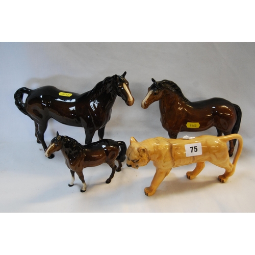 75 - 3 BESWICK BONE CHINA HORSES & BESWICK LIONESS