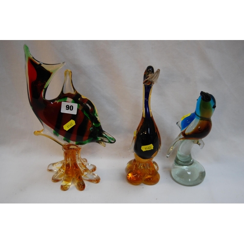 90 - 2 MURANO STYLE GLASS BIRDS & 1 ANGEL FISH