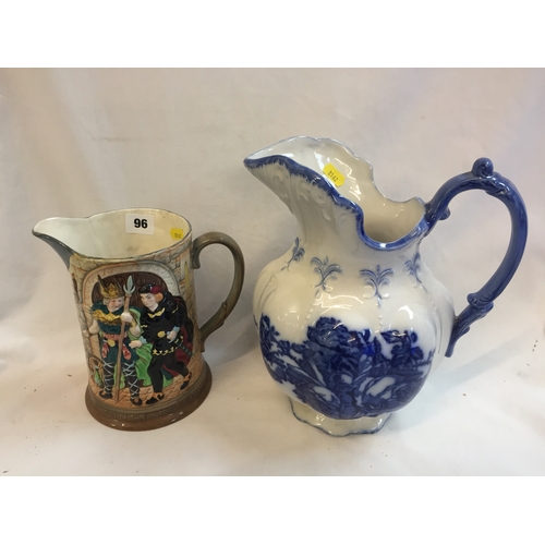 96 - BESWICK CHINA JUG EMBOSSED SCENES FROM HAMLET AND BLAKENEY BLUE AND WHITE TOILET JUG