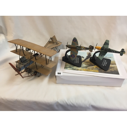 98 - DIE-CAST SUPERMARINE SPITFIRE MKI, MESSERSCHMITT BF 109E-4 AND TIN PLATE TRI-PLANE