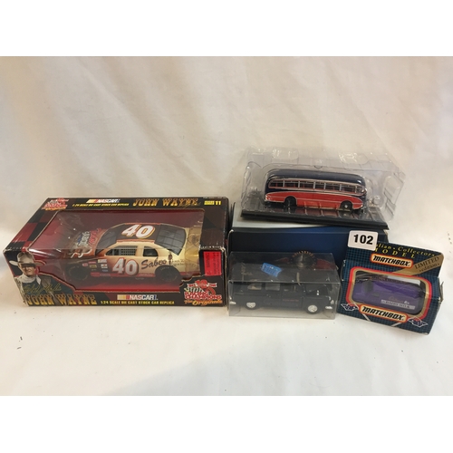 102 - BOXED RACING CHAPIONS JOHN WAYNE NASCAR, ATLAS CLASSIC COACHES (BOXED), ADTRUCK LONDON CAB AND MATCH... 