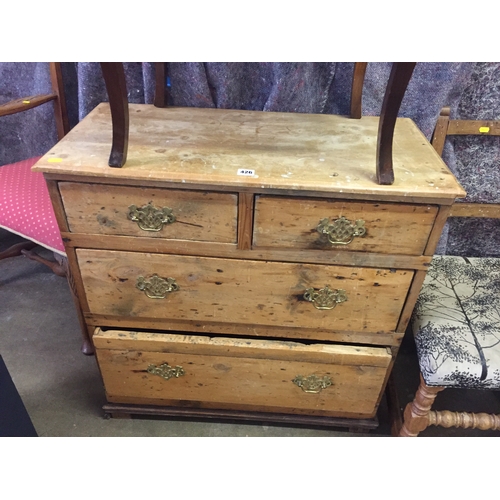 426 - 19TH CENTURY PINE CHEST OF 4 DRAWERS, DROP BRASS HANDLES AND SHAPED ESCUTCHEONS