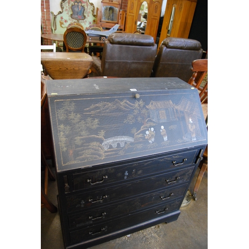 548 - MODERN HAND PAINTED BUREAU DECORATED WITH CHINESE FIGURES IN LANDSCAPE, FITTED 4 DRAWERS