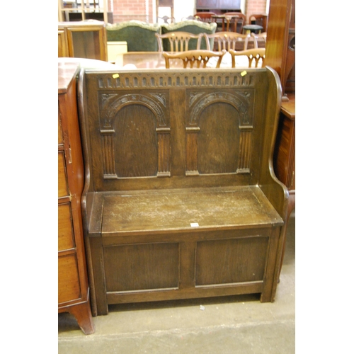 571 - VINTAGE CARVED OAK MONKS BENCH WITH BOX SEAT