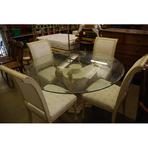 579 - MODERN CIRCULAR BEVELLED GLASS TABLE ON URN AND CARYATID SUPPORTS AND 4 CHAIRS