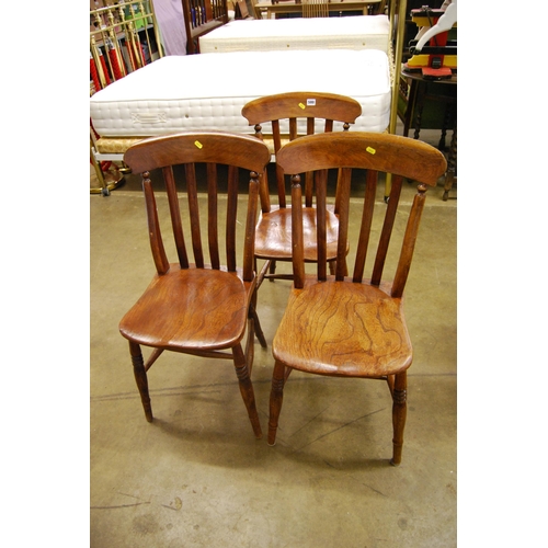 580 - THREE 19TH CENTURY ELM WINDSOR SLAT BACK KITCHEN CHAIRS