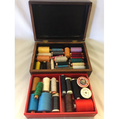 145 - 19TH CENTURY MAHOGANY SEWING BOX WITH ASSORTED COTTONS