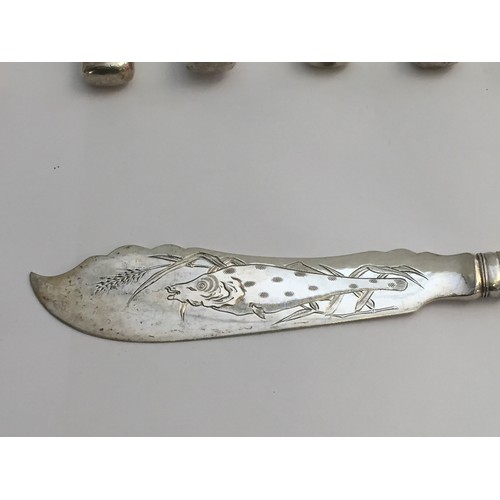 326 - SET OF 6 CHINESE EXPORT SILVER FISH KNIVES & FORKS WITH DRAGON HANDLES ENGRAVED BLADES DEPICTING CAR... 