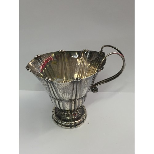 330 - GEORG JENSEN SILVER CREAM AND SUGAR WITH RIBBED & BALL DECORATION, DOUBLE SILVER WIRE LOOPED HANDLES... 