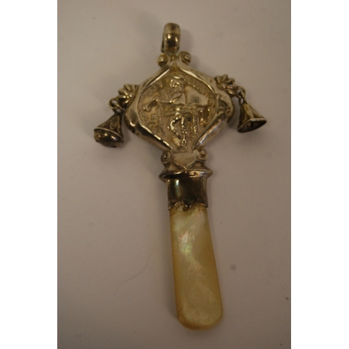 EMBOSSED SILVER BABIES RATTLE / TEETHER WITH MOTHER-OF-PEARL HANDLE ...