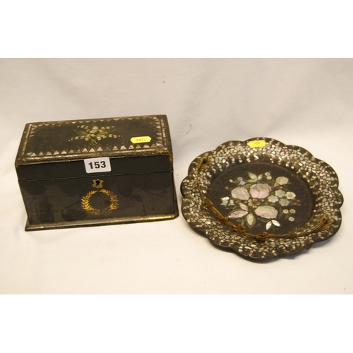 153 - VICTORIAN BLACK PAINTED PAPIER MACHE STATIONERY BOX, HAND PAINTED LILY OF THE VALLEY, WITH INLAID MO... 