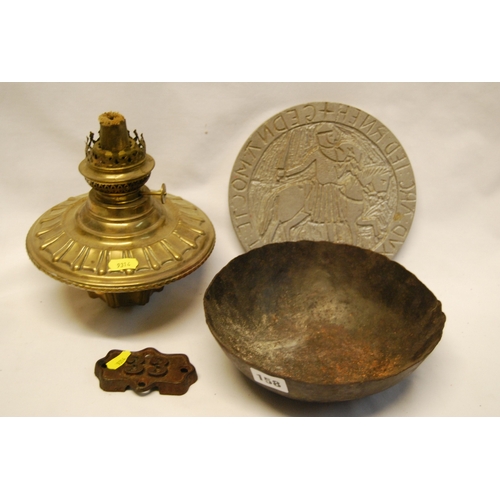 158 - HEAVY CIRCULAR METAL BOWL, BRASS OIL LAMP RESERVOIR CAST IRON NO 33 NUMBER PLATE, CIRCULAR METAL PLA... 