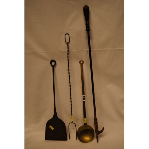 162 - 19TH CENTURY IRON POKER, IRON SKILLET, BRASS LADLE & WIRE TWIST TOASTING FORK
