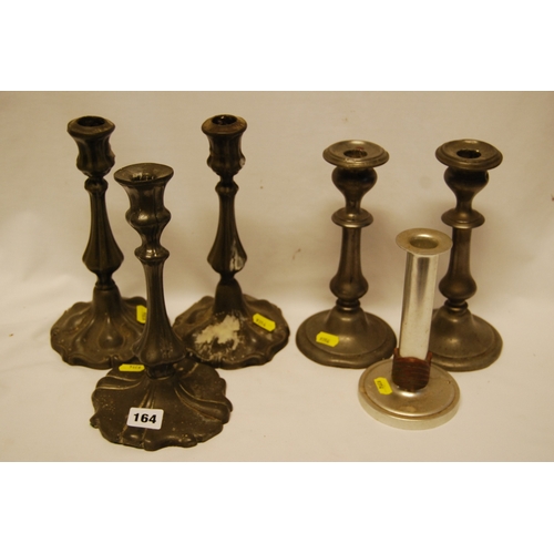 164 - 2 PAIRS OF 18TH CENTURY PEWTER CANDLESTICKS, 1 ODD ONE AND 1 ALUMINIUM ONE
